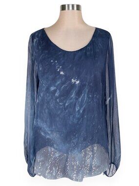 H Trend Italy Blue Gray Tie Dye Silk Sequin Layered Flowy Feminine Top Blouse M